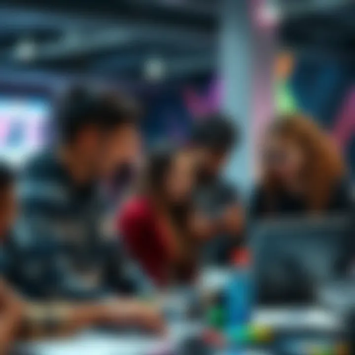 A diverse group of young individuals working together at a hackathon, sharing ideas and brainstorming solutions.