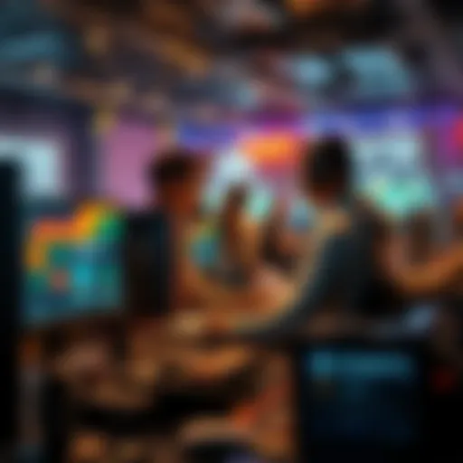 Developers working together at a hackathon, showcasing their projects with computers and coding