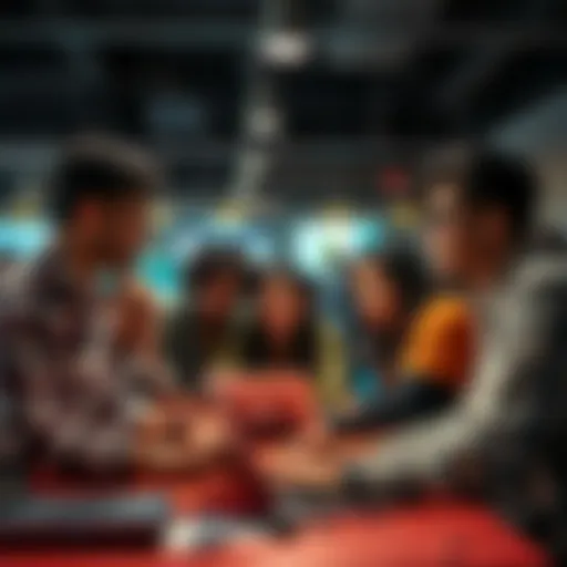 A diverse group of people working together at a hackathon, analyzing data on laptops and discussing strategies for stress analysis projects.