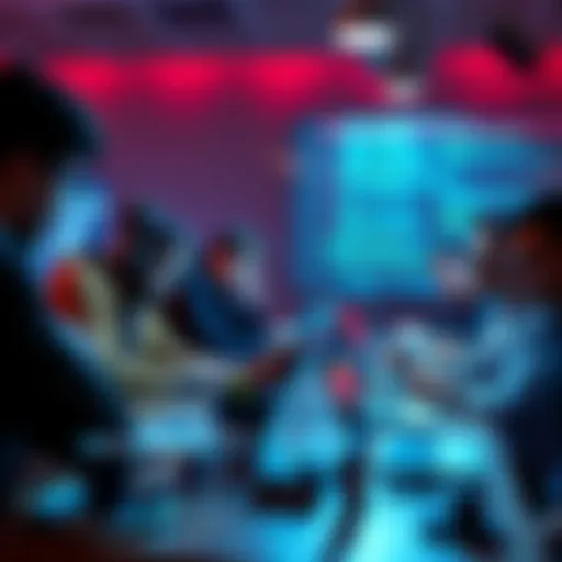 A group of coders collaborating at a table with laptops, brainstorming ideas for a hackathon project, focusing on free tools