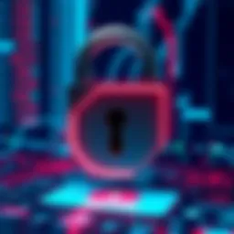 A digital lock symbolizing security issues with a backdrop of a financial app interface, highlighting the cyber attack on Revolut.