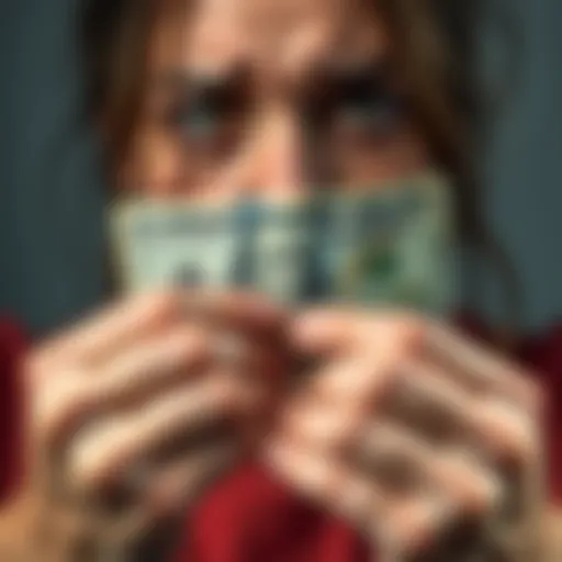 A pair of hands holding a twenty-dollar bill with a worried expression on a person's face in the background, reflecting financial stress.