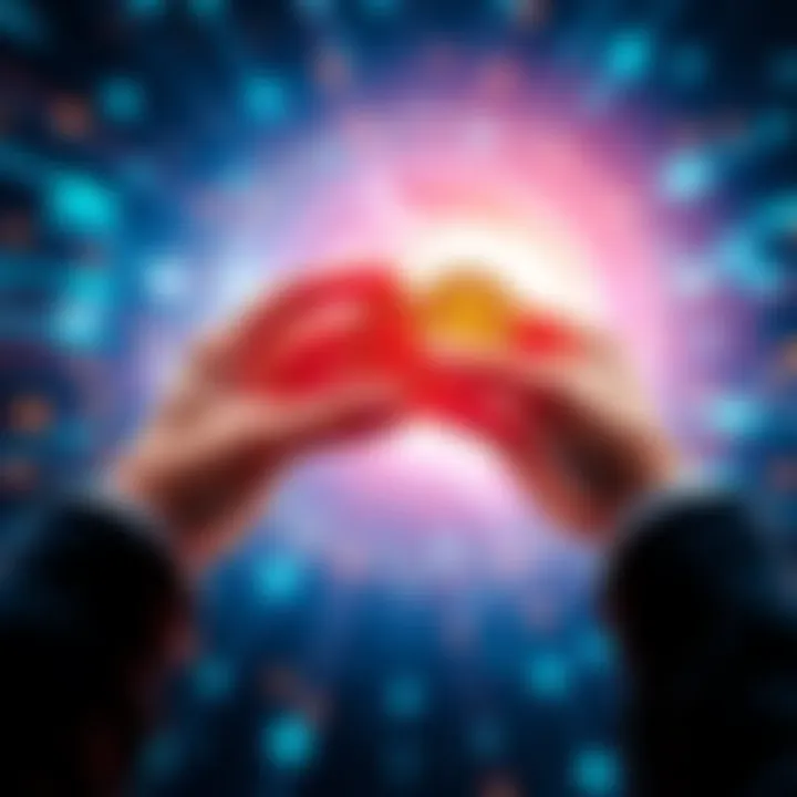 A person holding digital tokens representing assets with a futuristic background symbolizing technology and finance.