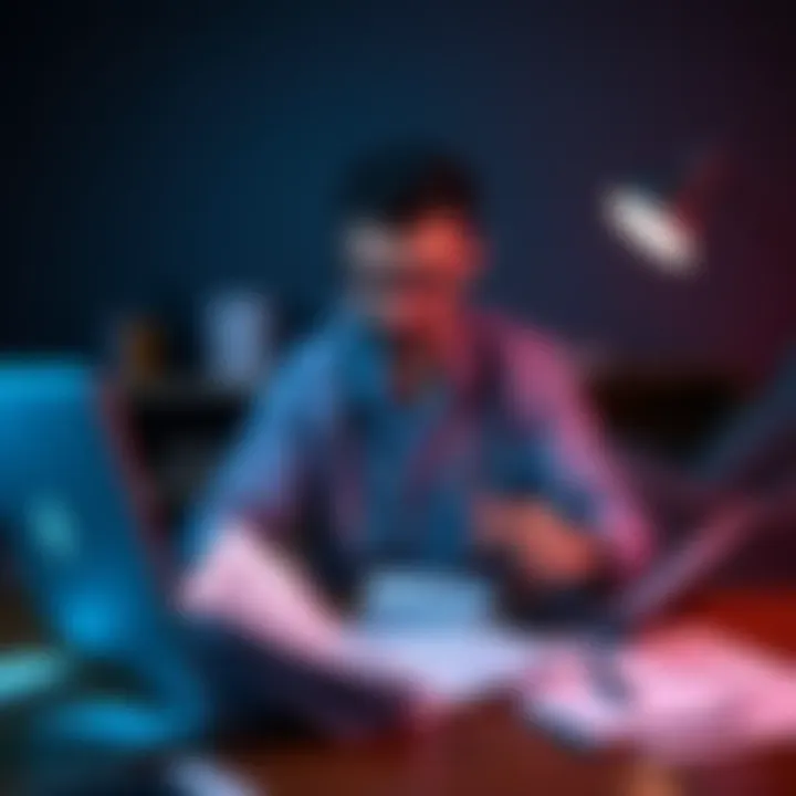A healthcare worker sits at a desk looking stressed while reviewing bills and trading charts on a laptop, reflecting on their day trading losses and financial challenges.