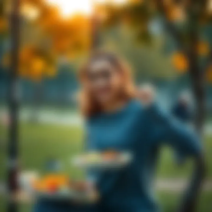 Healthy lifestyle change A person exercising outdoors while enjoying a healthy meal, symbolizing a lifestyle transformation with Reta and peptides