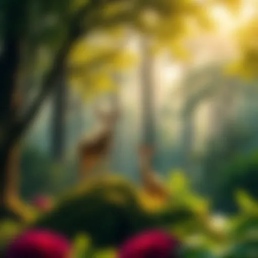 A vibrant forest filled with lush greenery and various animals returning to their habitat, symbolizing nature's recovery.