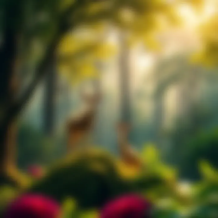 A vibrant forest filled with lush greenery and various animals returning to their habitat, symbolizing nature's recovery.