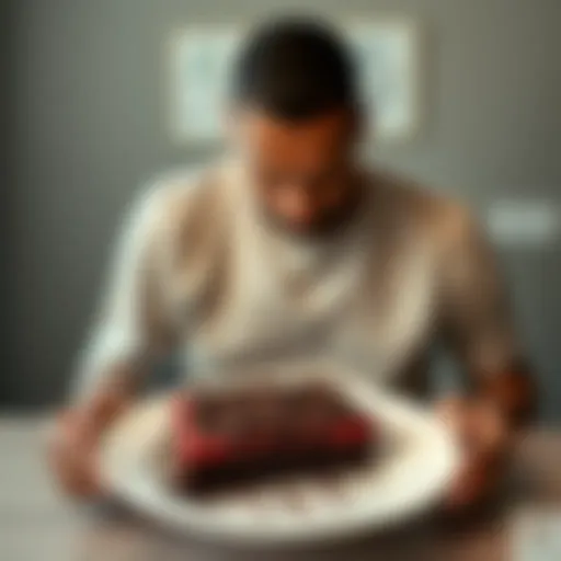 A sad person stares at an empty plate where a dirt cake used to be, showing their disappointment