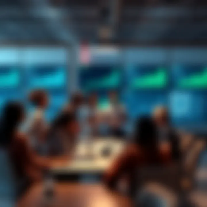 A group of diverse people discussing governance strategies in a modern office setting, with charts and screens showing crypto data behind them.