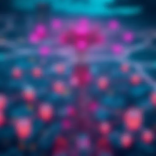 A Helium network tower connected to various devices representing decentralized wireless connectivity in urban landscapes.