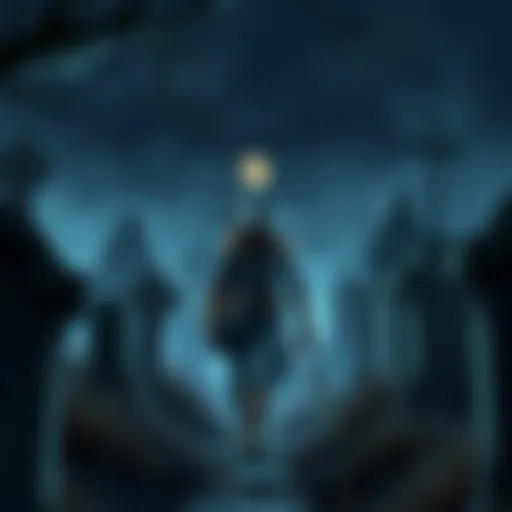 A brave hero cautiously walks through a dark graveyard, surrounded by tombstones and shadowy figures of ghosts, portraying the dangers of night exploration without protection.