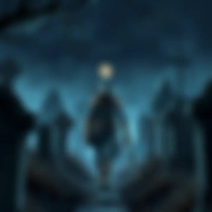 A brave hero cautiously walks through a dark graveyard, surrounded by tombstones and shadowy figures of ghosts, portraying the dangers of night exploration without protection.