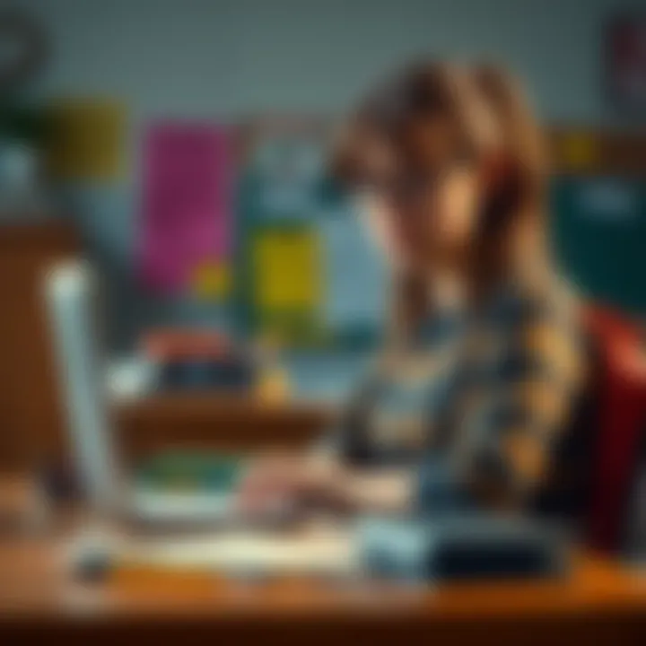 A frustrated high school student sitting at her desk, looking upset while wearing a modest outfit, surrounded by school supplies