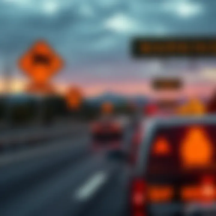 A highway scene showing warning signs about financial risks, with a car representing bag holders in the background.