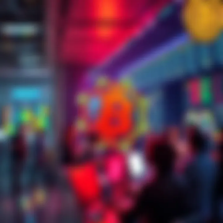 A graphic representation of the HOGE cryptocurrency symbol with vibrant colors, surrounded by people engaging in discussions and trading.