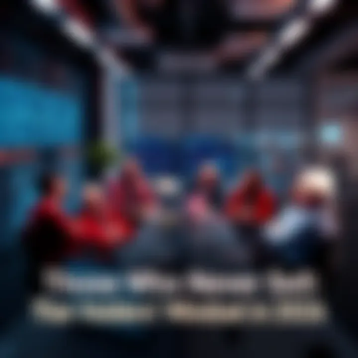 A group of confident individuals discussing strategies to hold their assets in a modern office setting, with charts and graphs showing market trends on screens.