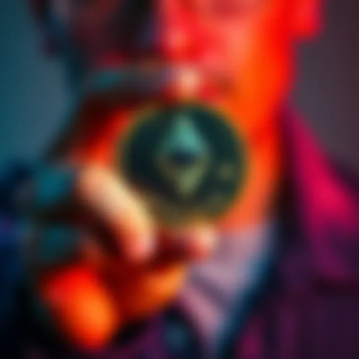 A person holding a physical Ethereum coin with a thoughtful expression, symbolizing the emotions of investors.