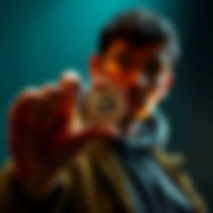 A person holding a small Bitcoin symbol with a thoughtful expression, representing the idea of hoarding cryptocurrency.