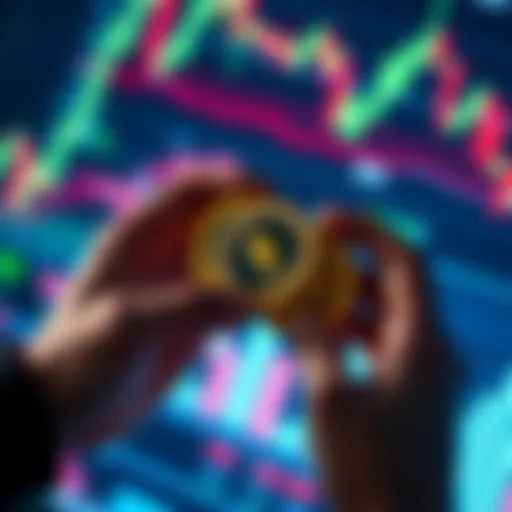 A person holding physical coins representing Monero (XMR) with a background of digital trade charts, symbolizing market speculation and privacy in cryptocurrency.