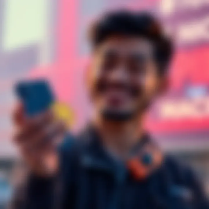 Holding Pi Cryptocurrency A person happily holding a smartphone displaying the Pi cryptocurrency app, symbolizing confidence in investments despite market fluctuations.