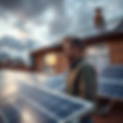 A homeowner in the UK stands beside solar panels on their roof, looking at a solar inverter and battery system, planning how to use excess energy effectively.
