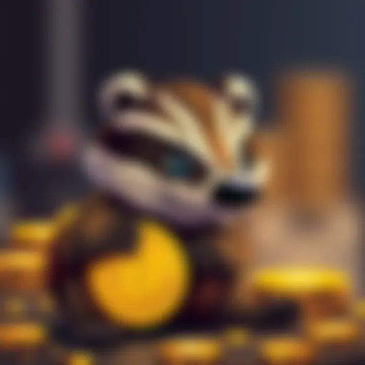 A cartoon honey badger holding a Bitcoin coin, symbolizing resilience in cryptocurrency, showing confidence and determination.