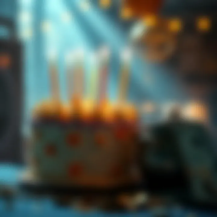 A birthday cake with seven candles and a cash pot nearby, symbolizing Honeygain's 7th birthday and modest winnings