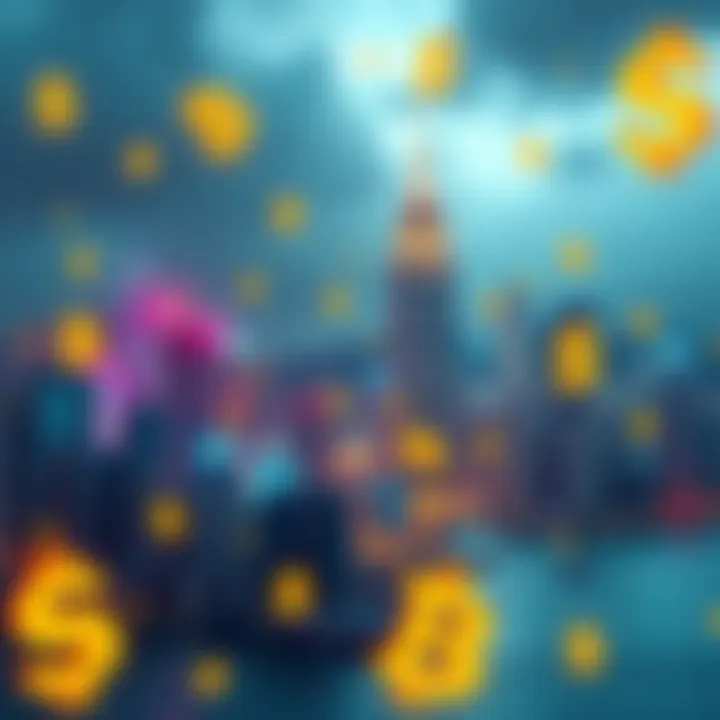 A city skyline of Hong Kong with Bitcoin symbols and dollar signs, symbolizing tax-free cryptocurrency investment opportunities