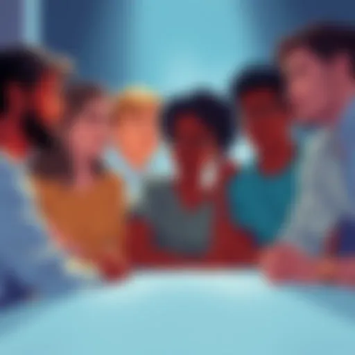 A group of diverse people reflecting on their struggles and strengths together in a supportive environment.