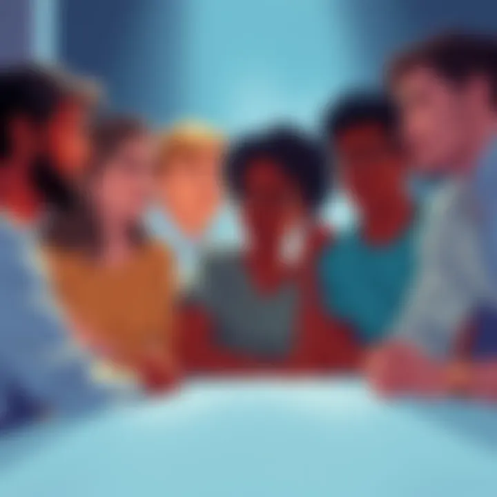 A group of diverse people reflecting on their struggles and strengths together in a supportive environment.