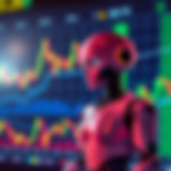 A humanoid robot stands next to a stock market chart showing fluctuations, representing the challenges in robotics investment.