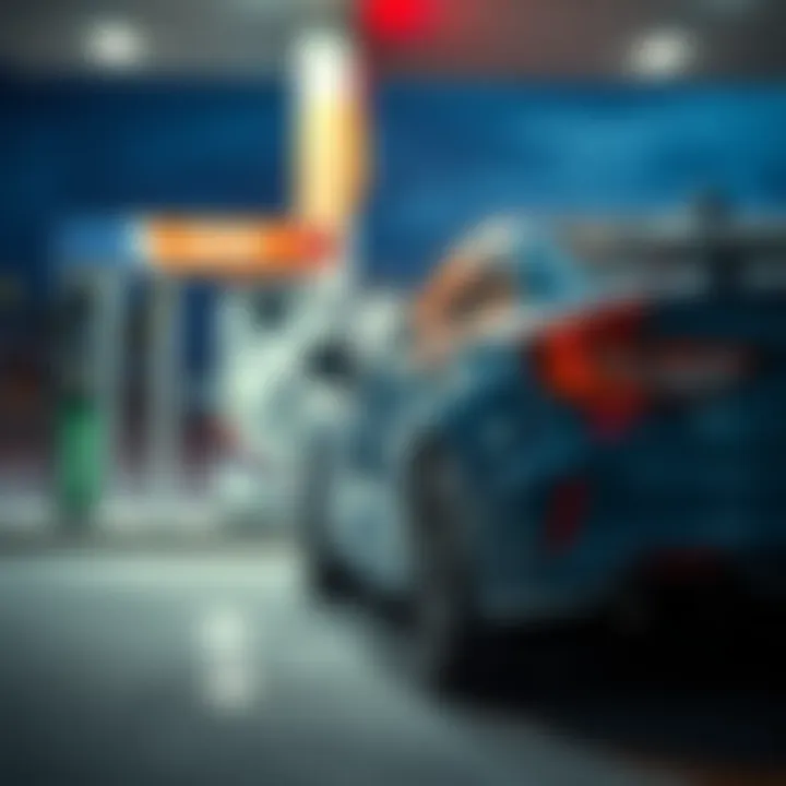 A hybrid car parked at a gas station next to a fuel pump, highlighting fuel savings