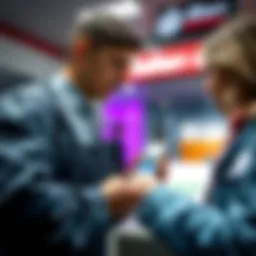 A bank employee assisting a customer with salary payment options, featuring various banking apps including Revolut on a phone.