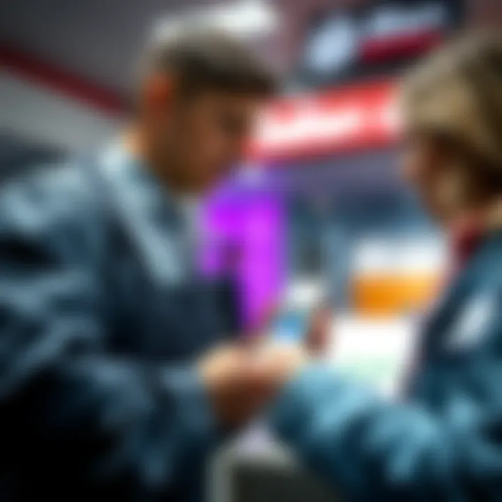 A bank employee assisting a customer with salary payment options, featuring various banking apps including Revolut on a phone.