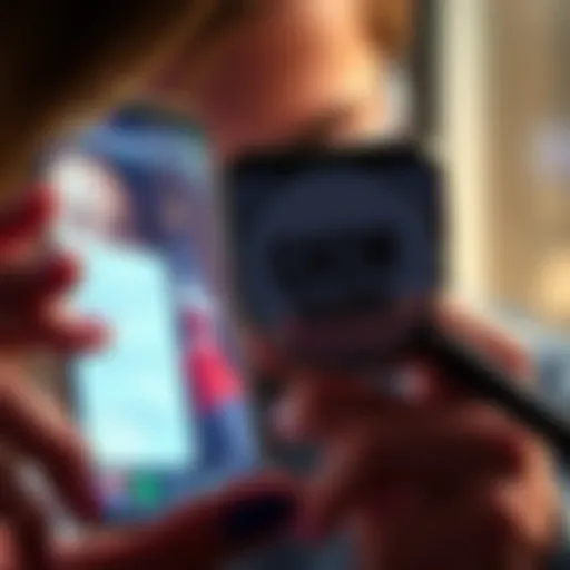 A person looks at a suspicious message on their phone while holding a magnifying glass, indicating caution against scams.