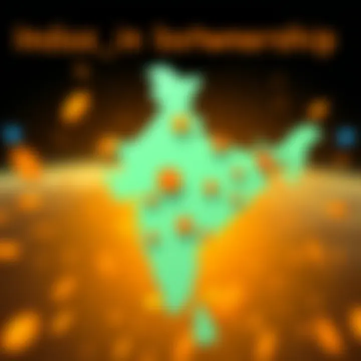 A map of India highlighted to show its leading position in Bitcoin ownership, with small Bitcoin symbols scattered across the country.