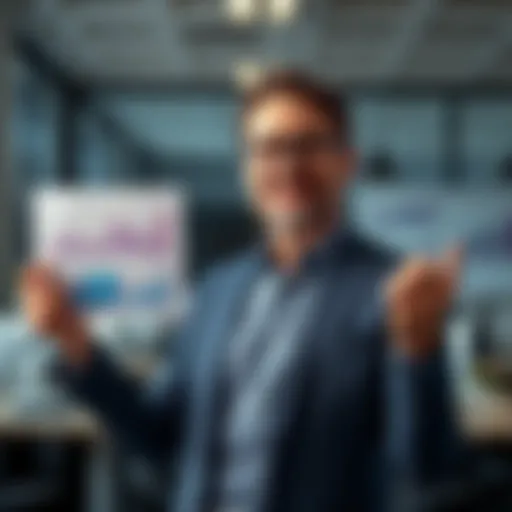 A person confidently presenting financial graphs and charts in a bright office setting, symbolizing wealth creation and innovative financial strategies.