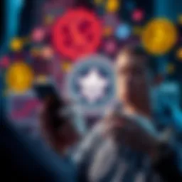 A person using a smartphone to perform a quick cryptocurrency swap, with crypto icons in the background and a concerned expression about security.