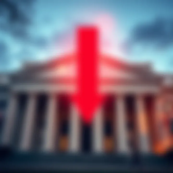 A graphic showing a downward arrow symbolizing the cut in USD savings account interest rates, with a bank building in the background