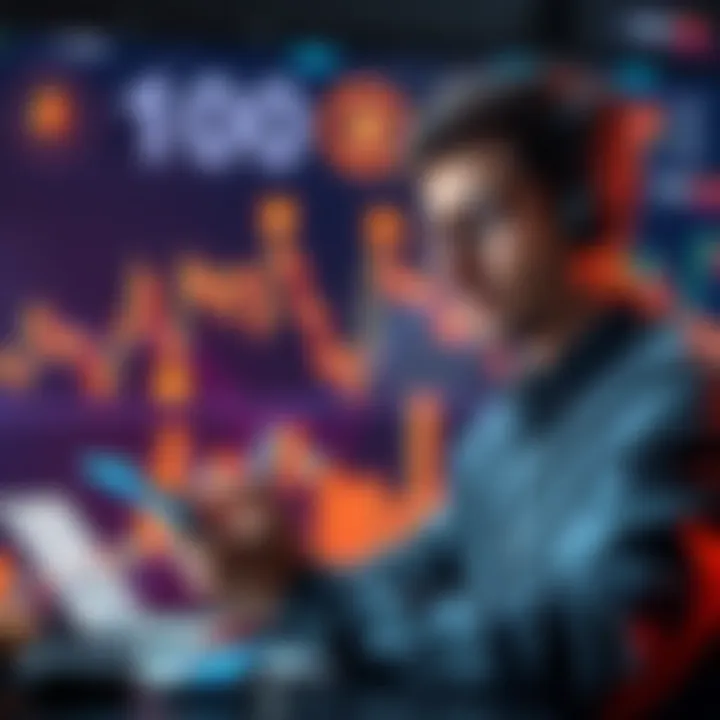 A person analyzing investment options for 100 ETH with charts and cryptocurrency symbols in the background