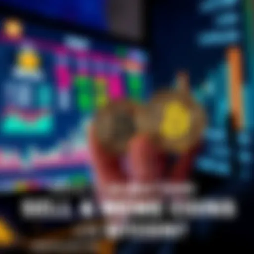 A person holding Bitcoin coins while looking at a screen showing meme coins and their prices, contemplating an investment decision.