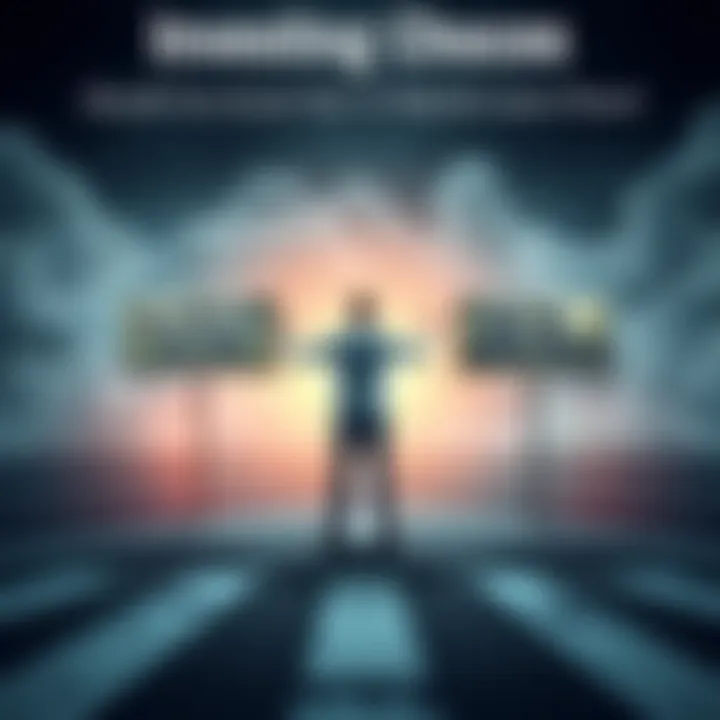 A person standing at a crossroads with signs indicating 'Invest Now' and 'Wait for Lower Prices', representing investment decisions in the market.