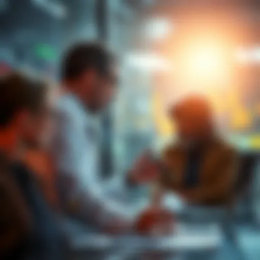 A financial advisor discussing stock options with clients amid news of the Middle East conflict.