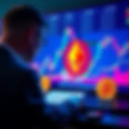 A graphic showing a person calculating investments in Ethereum and Solana, with charts and coins in the background