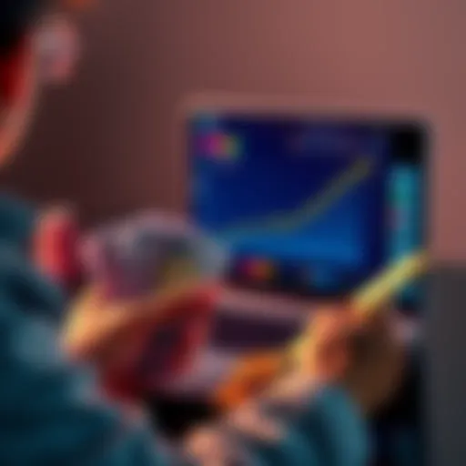 A person considering investment options with money in hand, looking at a graph showing Bitcoin's growth on a laptop screen.
