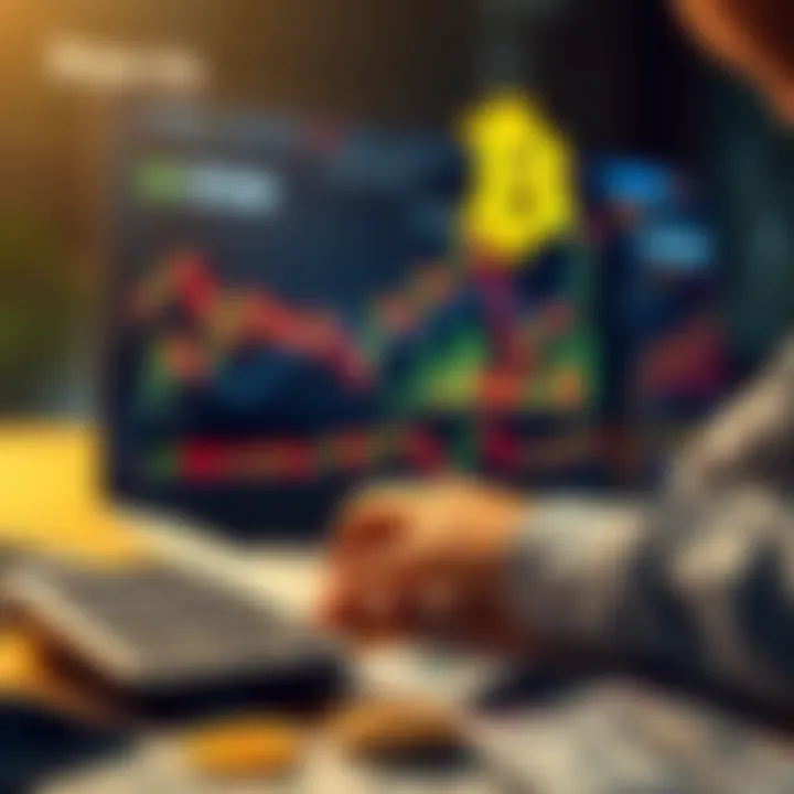 A person analyzing Bitcoin charts on a laptop with a calculator and dollar bills nearby