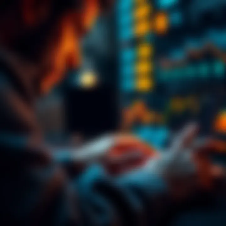 A person analyzing Bitcoin trends on a digital device with graphs and charts showing growth.