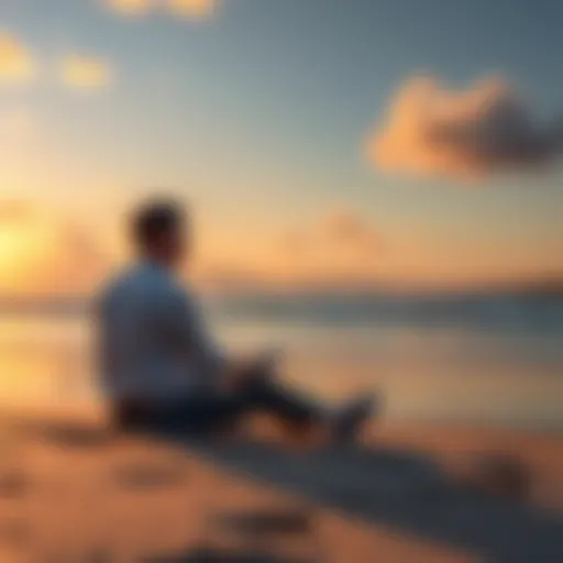 Person sitting on a beach contemplating investment choices with a smartphone and Tai Chi movements in the background