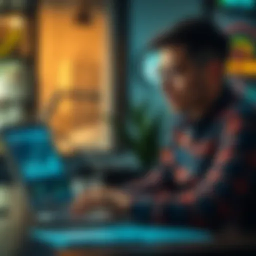 A young investor contemplating options, looking at financial graphs and charts on a laptop, comparing investment platforms after reaching a savings goal.