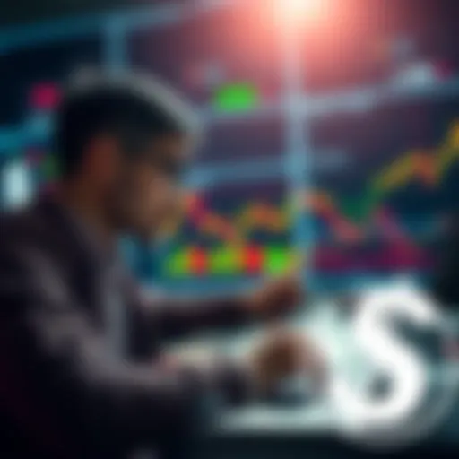 A person contemplating investment decisions while looking at fluctuating stock charts on a laptop, with a dollar sign symbol in the foreground.